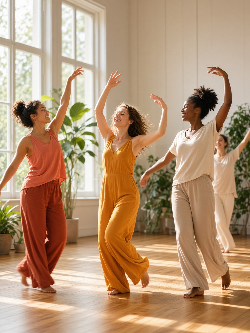 Dancers moving together in a sunlit studio