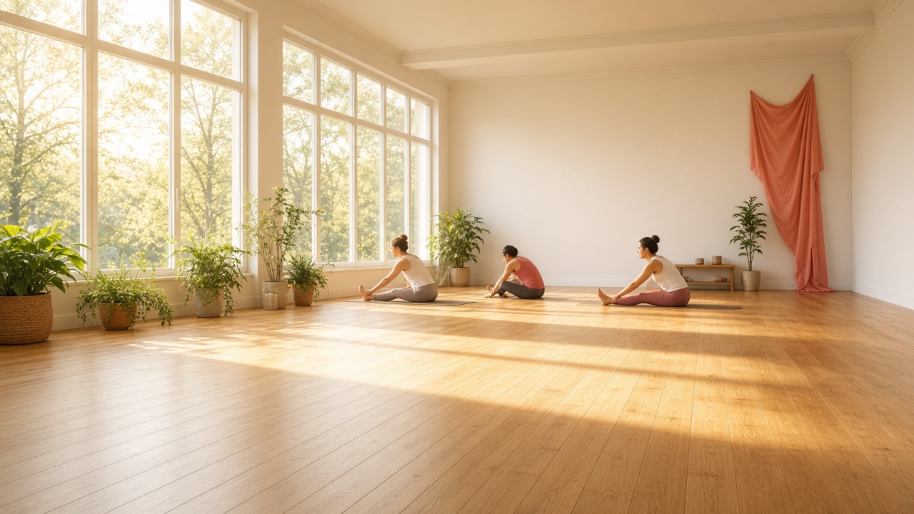 Morning light across the studio floor as people warm up